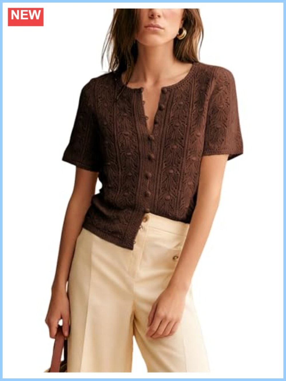 Womens Casual Short Sleeve Crochet Knit Cardigan 100% Cotton